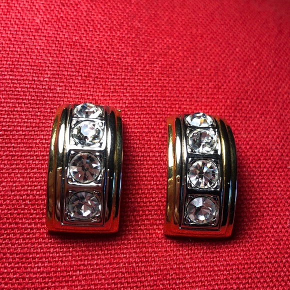 Rhinestone and Gold Toned Curved Pieced Earrings - Picture 2 of 6